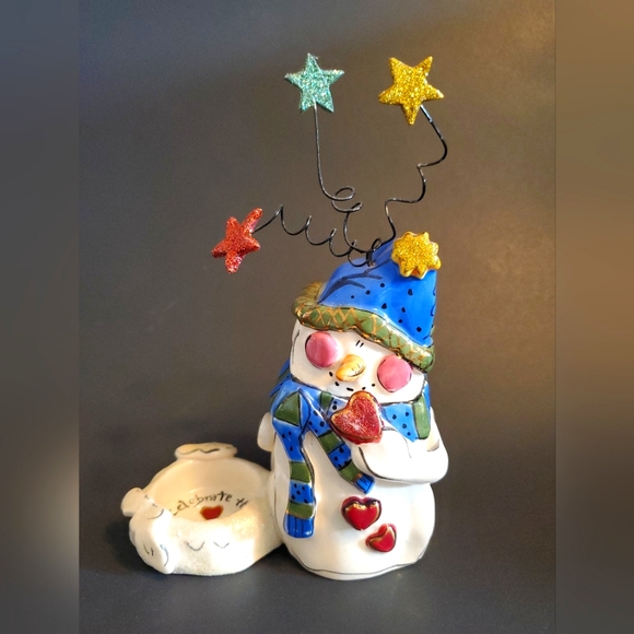 Blue Sky Clayworks Heather Goldminc Holiday Snowman Tea Light Holder - Picture 1 of 6